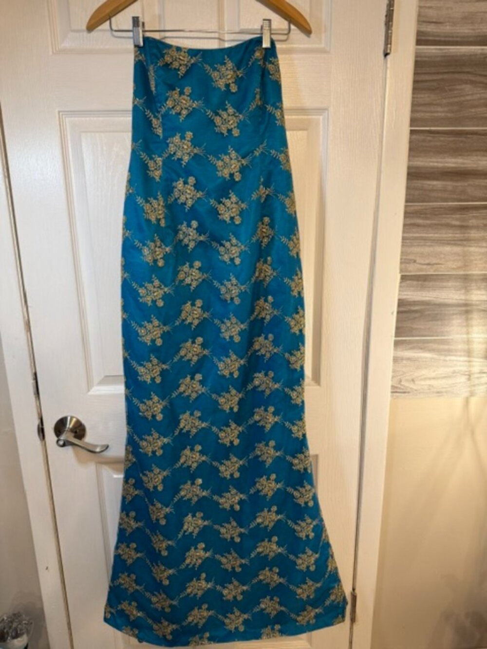 Custom Teal Gold Embroidered Strapless Sweetheart Mermaid Evening Gown